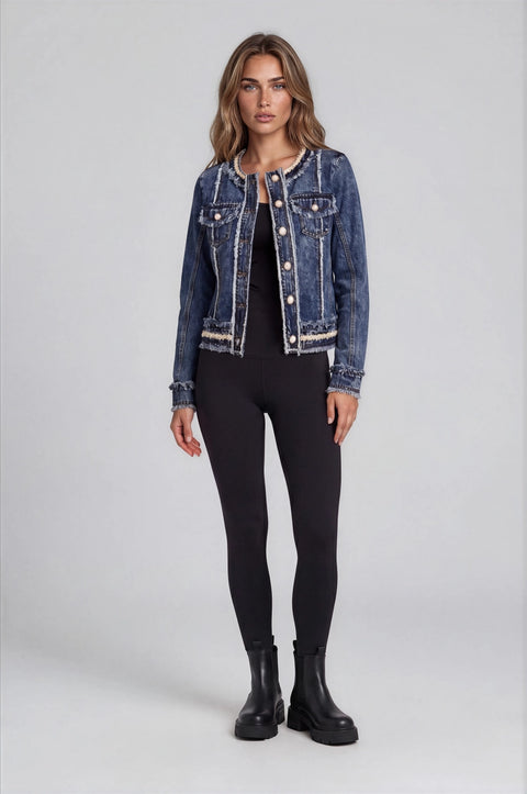 Frayed Denim Jacket with Pearl Trim