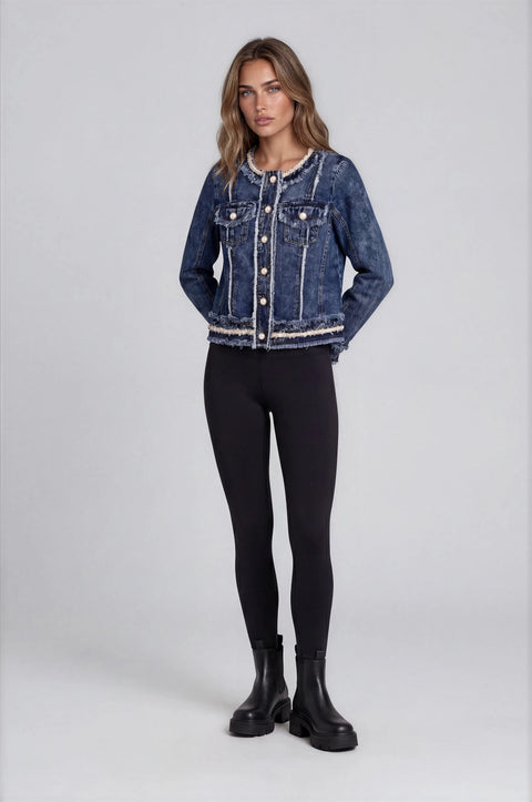 Frayed Denim Jacket with Pearl Trim