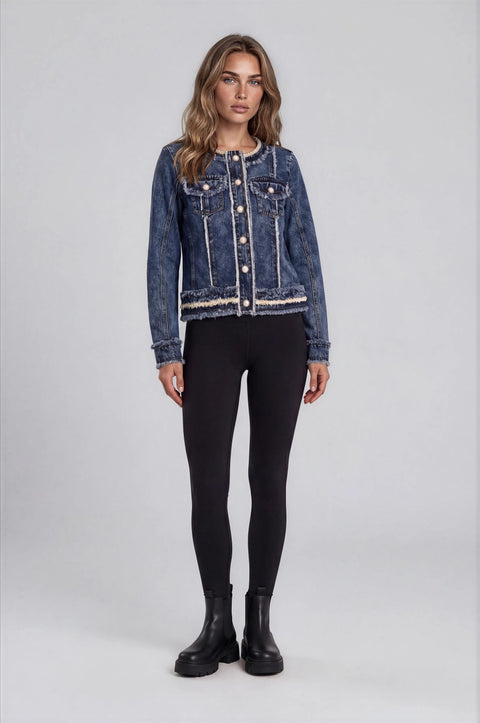 Frayed Denim Jacket with Pearl Trim