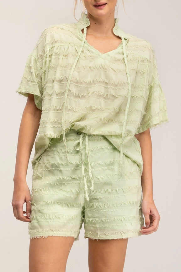 Frayed Effect Blouse and Shorts Set Green