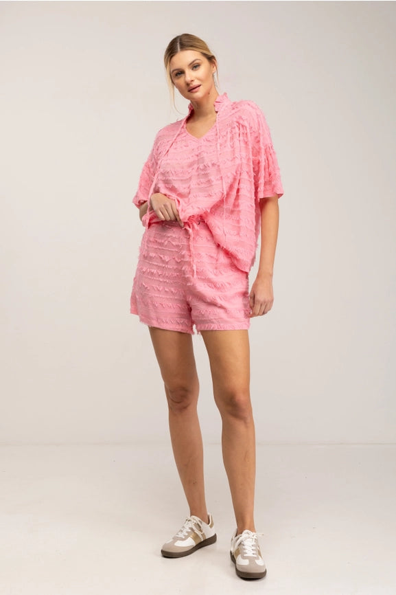 Frayed Effect Blouse and Shorts Set Pink-Set-Tantra-S-Pink-Urbanheer