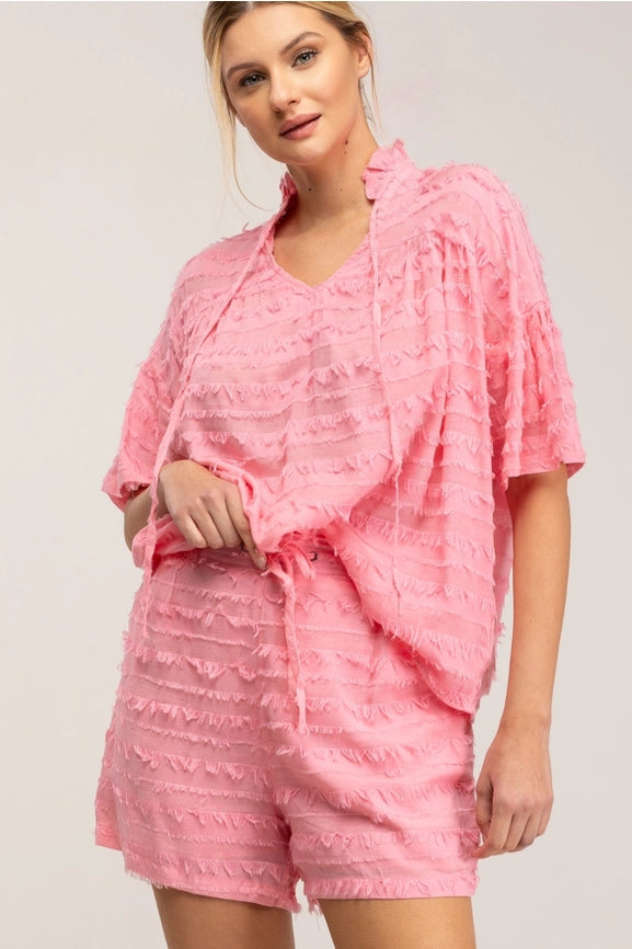 Frayed Effect Blouse and Shorts Set Pink-Set-Tantra-S-Pink-Urbanheer