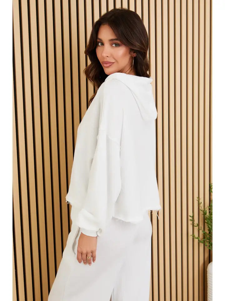 Frayed Hem Long Sleeve Zip Up Hoodi-Hoodie-MILIO MILANO-XS/SM-White-Urbanheer