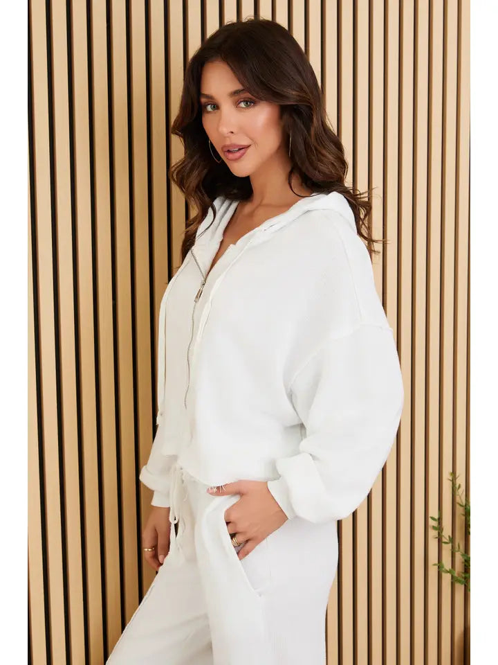 Frayed Hem Long Sleeve Zip Up Hoodi-Hoodie-MILIO MILANO-XS/SM-White-Urbanheer