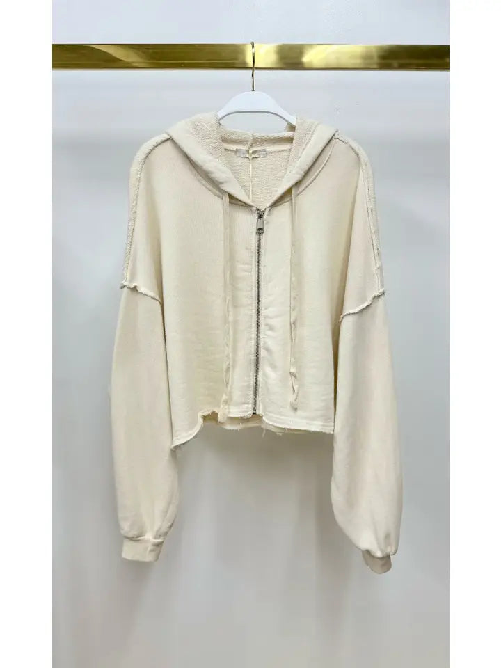 Frayed Hem Long Sleeve Zip Up Hoodi-Hoodie-MILIO MILANO-XS/SM-Cream-Urbanheer