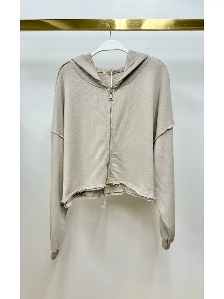Frayed Hem Long Sleeve Zip Up Hoodi-Hoodie-MILIO MILANO-XS/SM-Light Mocha-Urbanheer
