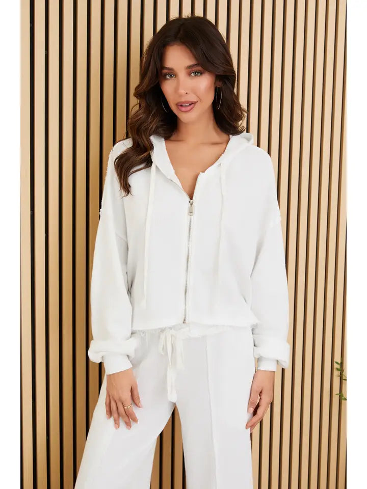 Frayed Hem Long Sleeve Zip Up Hoodi-Hoodie-MILIO MILANO-XS/SM-White-Urbanheer