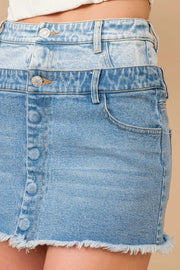 Frayed Hem Stretch Denim Mini Skirt LIGHT MED WASH-Skirt-Blue B-S-LIGHT MED WASH-Urbanheer