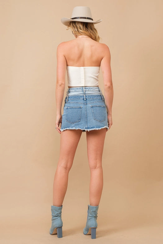 Frayed Hem Stretch Denim Mini Skirt LIGHT MED WASH-Skirt-Blue B-S-LIGHT MED WASH-Urbanheer