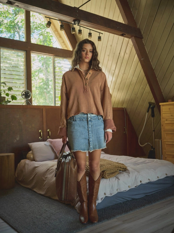 Frayed Hem Stretch Denim Mini Skirt LIGHT MED WASH-Skirt-Blue B-S-LIGHT MED WASH-Urbanheer