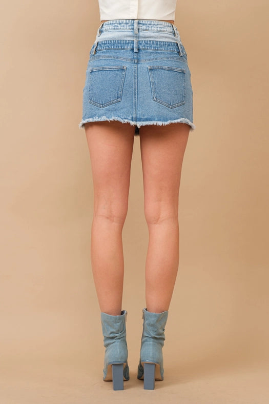 Frayed Hem Stretch Denim Mini Skirt LIGHT MED WASH-Skirt-Blue B-S-LIGHT MED WASH-Urbanheer