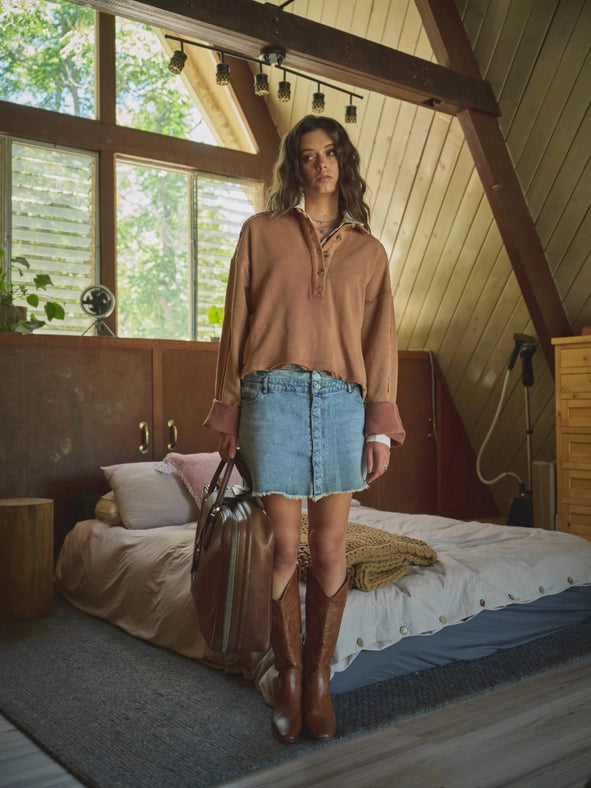 Frayed Hem Stretch Denim Mini Skirt LIGHT MED WASH-Skirt-Blue B-S-LIGHT MED WASH-Urbanheer