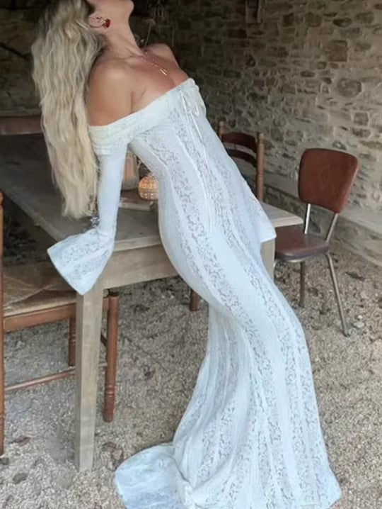 French Bandeau High-Waisted Trailing Maxi Lace Dress-Dress-Rosa Clothing-S-White-Urbanheer