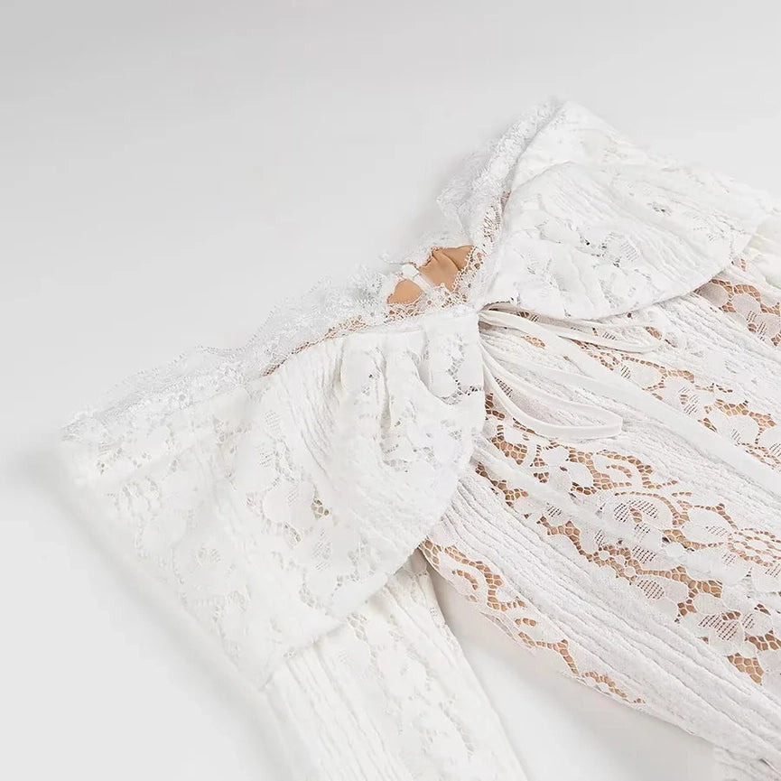 French Bandeau High-Waisted Trailing Maxi Lace Dress-Dress-Rosa Clothing-S-White-Urbanheer