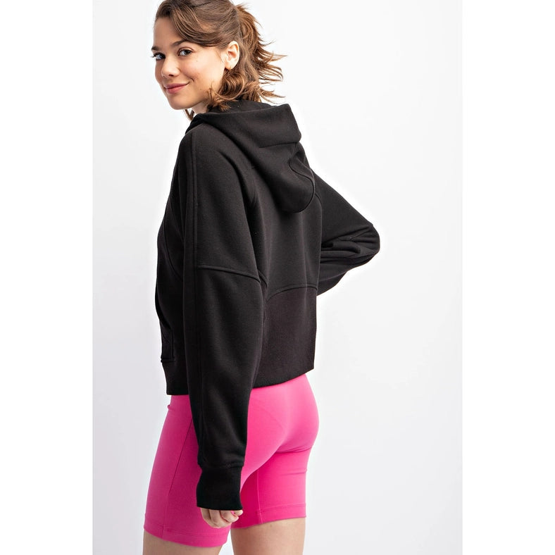 French Terry Cropped Hoodie Jacket Black-Jacket-Rae Mode-S-Urbanheer