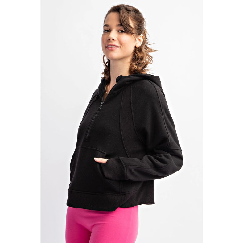 French Terry Cropped Hoodie Jacket Black-Jacket-Rae Mode-S-Urbanheer