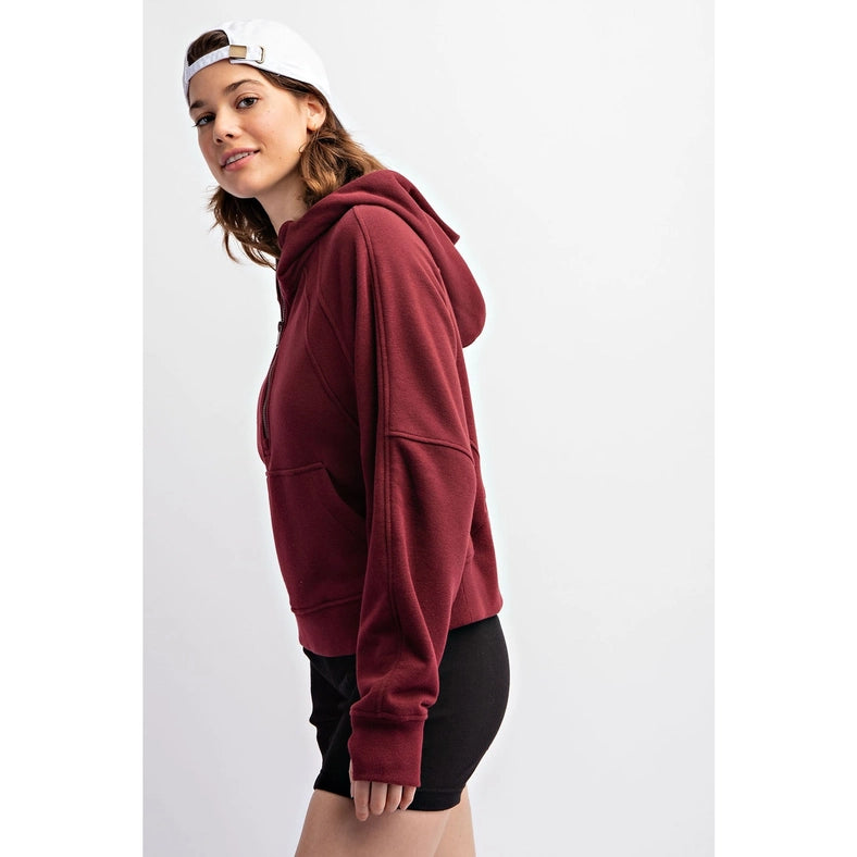 French Terry Cropped Hoodie Jacket Burgundy-Jacket-Rae Mode-S-Urbanheer