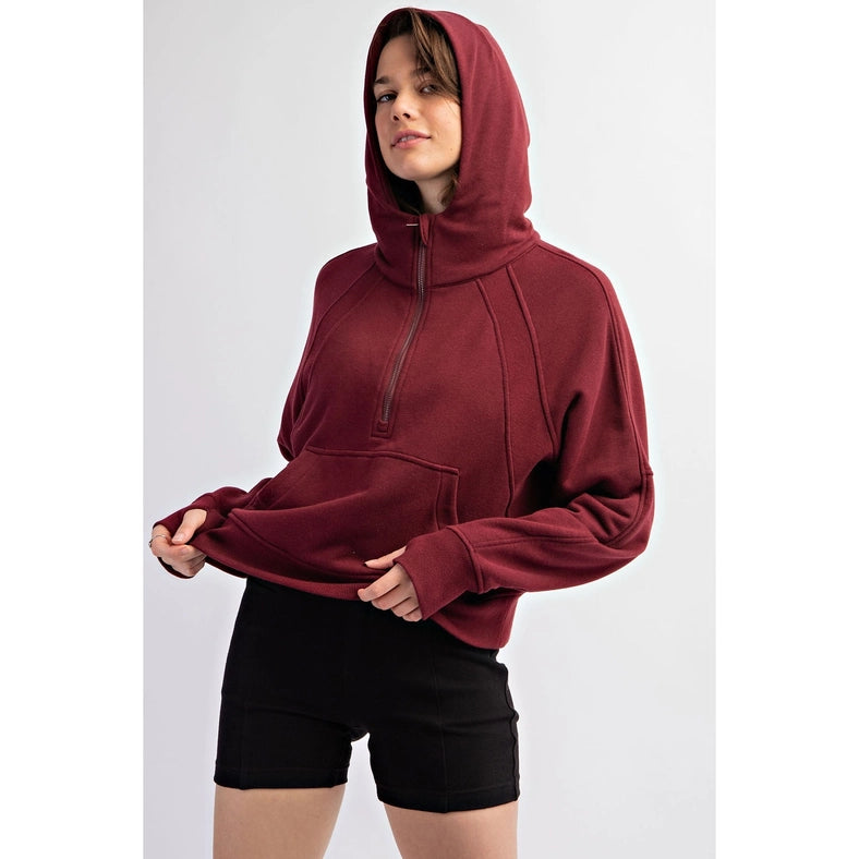 French Terry Cropped Hoodie Jacket Burgundy-Jacket-Rae Mode-S-Urbanheer