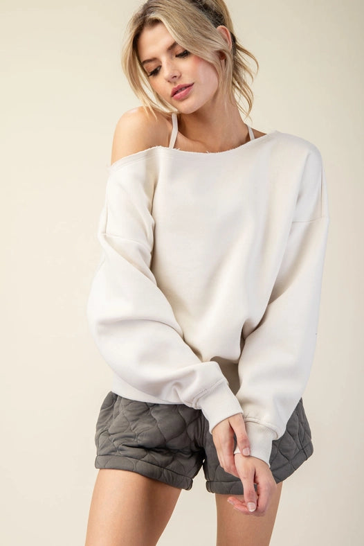 French Terry Fleece Off Shoulder Sweatshirt Bone-Sweatshirt-Rae Mode-S-Urbanheer