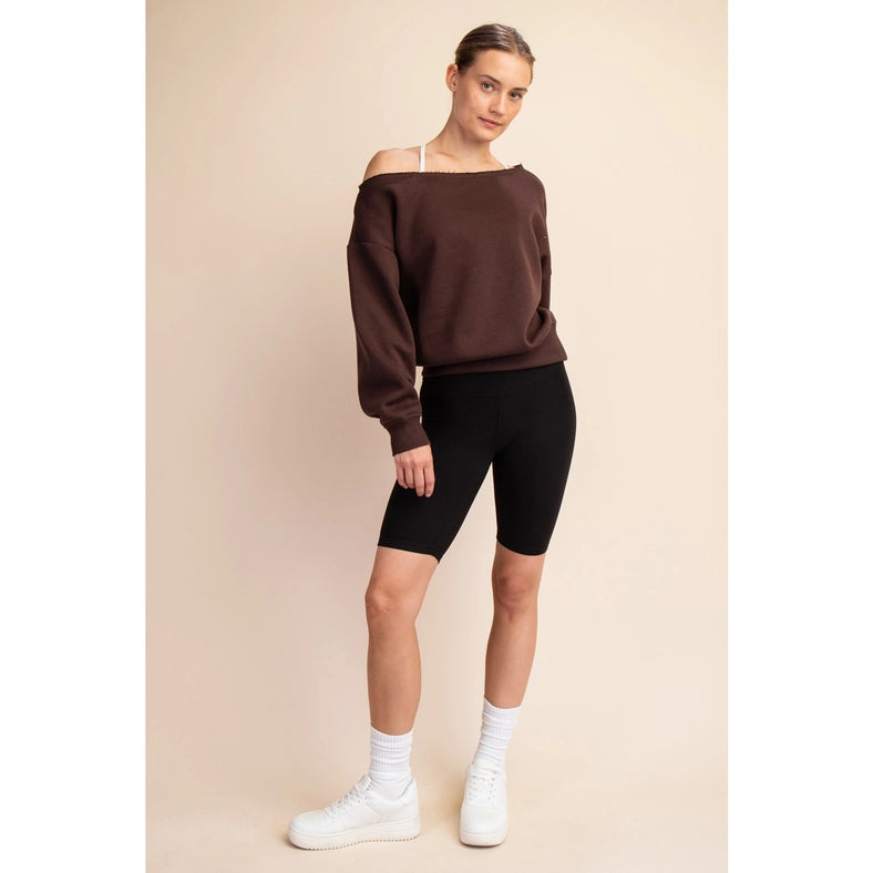 French Terry Fleece Off Shoulder Sweatshirt Espresso-Sweatshirt-Rae Mode-S-Urbanheer