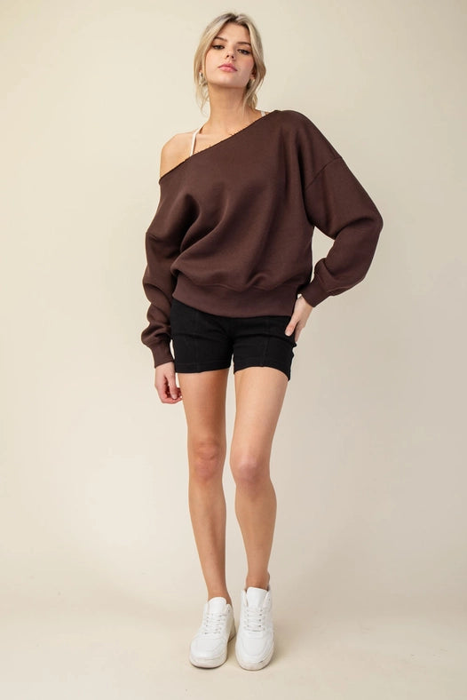 French Terry Fleece Off Shoulder Sweatshirt Espresso-Sweatshirt-Rae Mode-S-Urbanheer