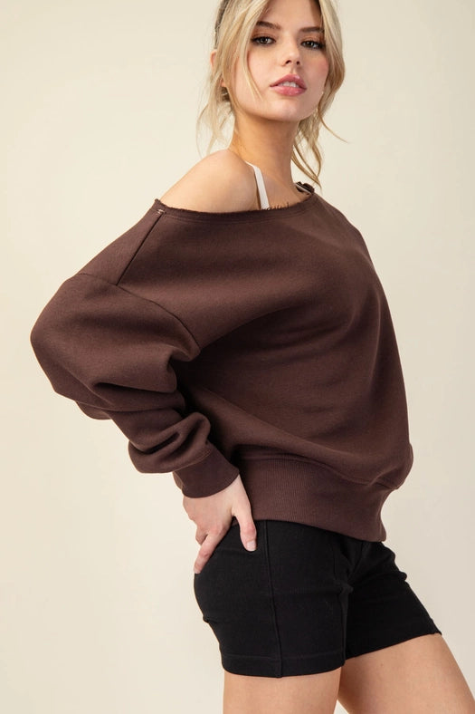 French Terry Fleece Off Shoulder Sweatshirt Espresso-Sweatshirt-Rae Mode-S-Urbanheer