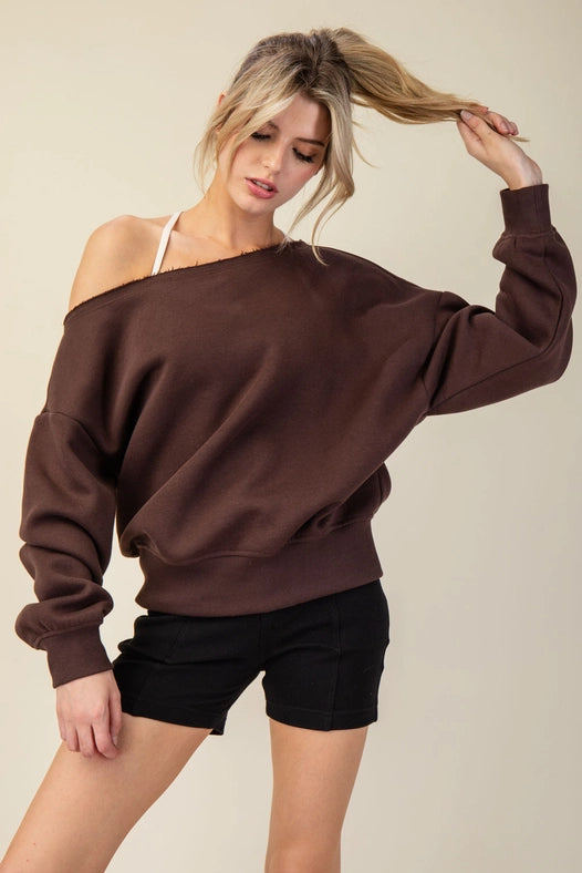 French Terry Fleece Off Shoulder Sweatshirt Espresso-Sweatshirt-Rae Mode-S-Urbanheer