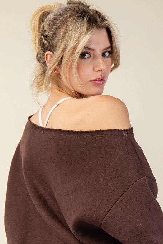 French Terry Fleece Off Shoulder Sweatshirt Espresso-Sweatshirt-Rae Mode-S-Urbanheer