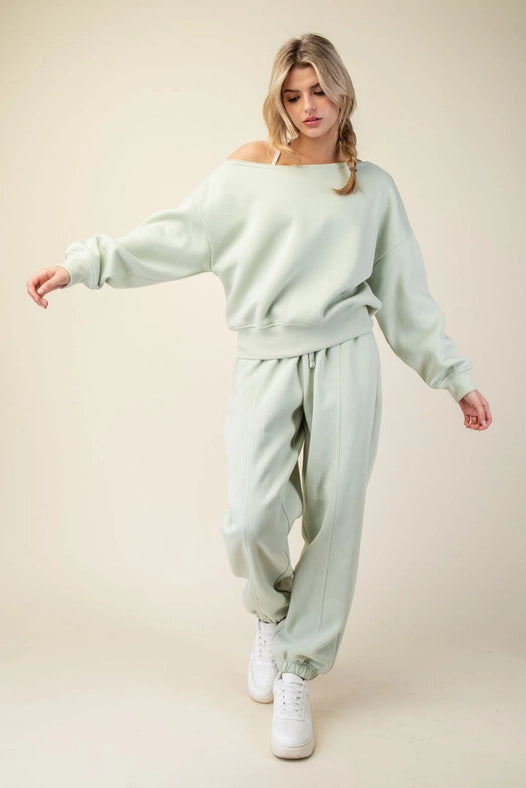 French Terry Fleece Off Shoulder Sweatshirt Eucalyptus-Sweatshirt-Rae Mode-S-Urbanheer