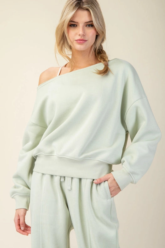French Terry Fleece Off Shoulder Sweatshirt Eucalyptus-Sweatshirt-Rae Mode-S-Urbanheer
