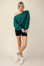 French Terry Fleece Off Shoulder Sweatshirt Hunter Green-Sweatshirt-Rae Mode-S-Urbanheer