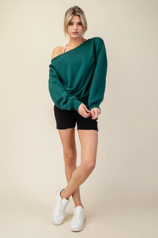 French Terry Fleece Off Shoulder Sweatshirt Hunter Green-Sweatshirt-Rae Mode-S-Urbanheer