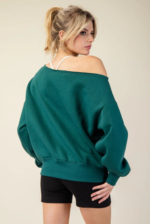 French Terry Fleece Off Shoulder Sweatshirt Hunter Green-Sweatshirt-Rae Mode-S-Urbanheer