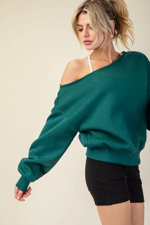 French Terry Fleece Off Shoulder Sweatshirt Hunter Green-Sweatshirt-Rae Mode-S-Urbanheer