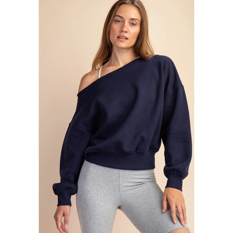 French Terry Fleece Off Shoulder Sweatshirt Navy-Sweatshirt-Rae Mode-S-Urbanheer