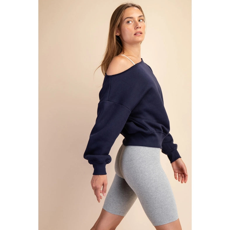 French Terry Fleece Off Shoulder Sweatshirt Navy-Sweatshirt-Rae Mode-S-Urbanheer