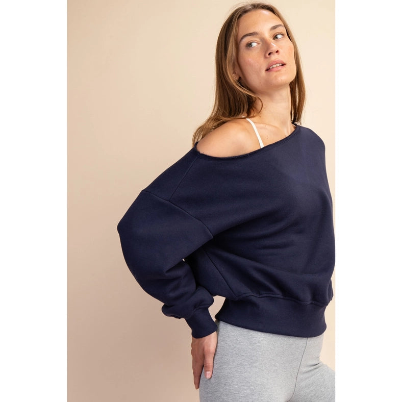 French Terry Fleece Off Shoulder Sweatshirt Navy-Sweatshirt-Rae Mode-S-Urbanheer
