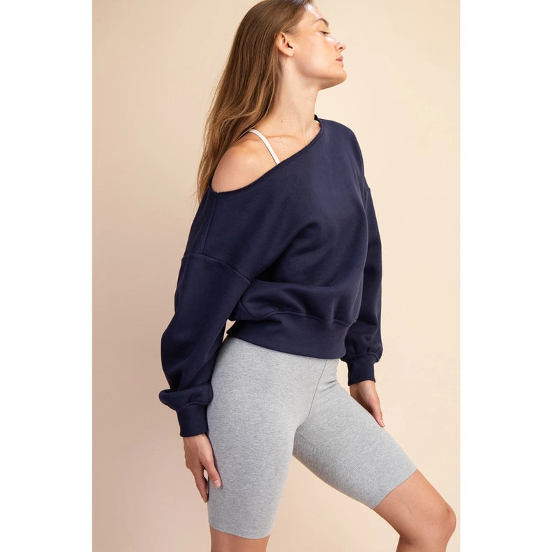 French Terry Fleece Off Shoulder Sweatshirt Navy-Sweatshirt-Rae Mode-S-Urbanheer