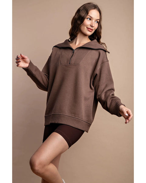 French Terry Ribbed Contrast Quarter Zip Up