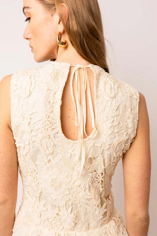 Frida Sleeveless Keyhole Crochet Cotton Mini Dress Beige