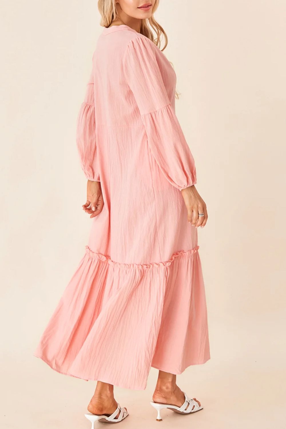 Frill Tiered Tie Neck Long Sleeve Dress-Street 360-Watermelon pink-S-Urbanheer