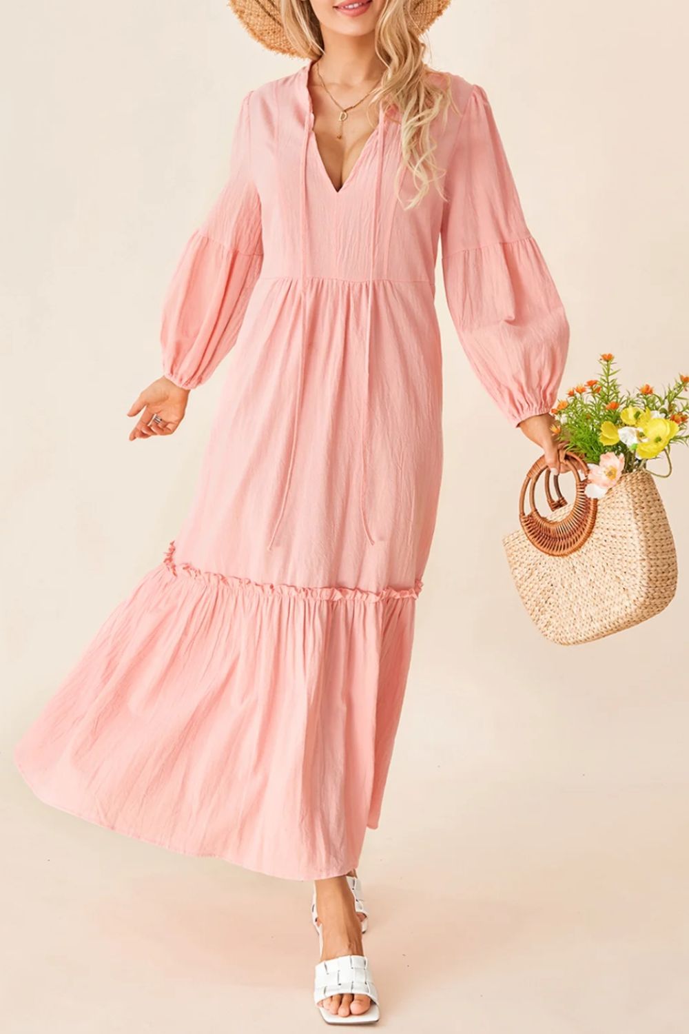 Frill Tiered Tie Neck Long Sleeve Dress-Street 360-Watermelon pink-S-Urbanheer