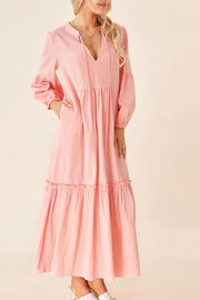 Frill Tiered Tie Neck Long Sleeve Dress-Street 360-Watermelon pink-S-Urbanheer