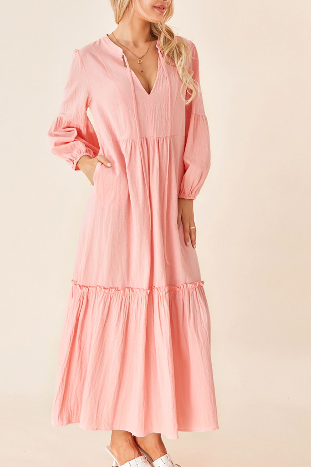 Frill Tiered Tie Neck Long Sleeve Dress-Street 360-Watermelon pink-S-Urbanheer
