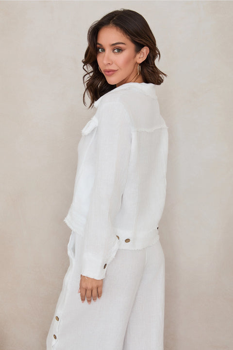 Fringe Hem Button Down Linen Jacket