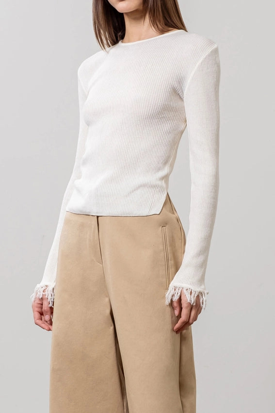 Fringe Long Sleeve Back Weap Lightweight Knit Top-Top-Moon River-XS-IVORY-Urbanheer