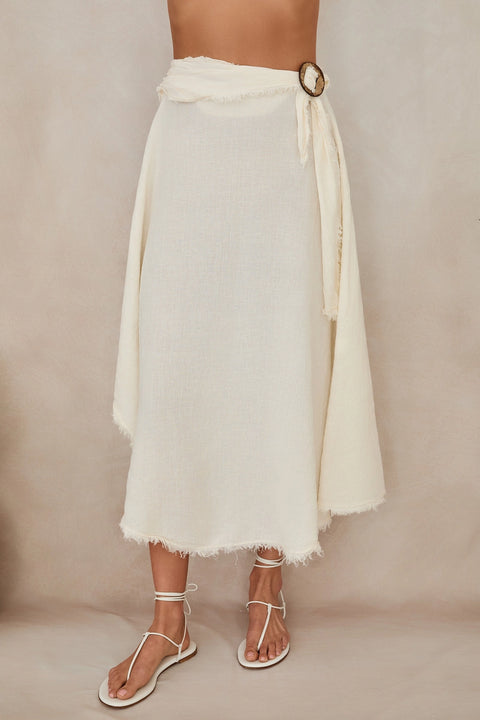 Fringe Ring Tie Detail Front Linen Skirt