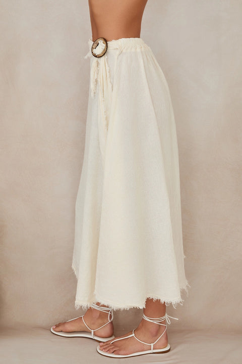 Fringe Ring Tie Detail Front Linen Skirt