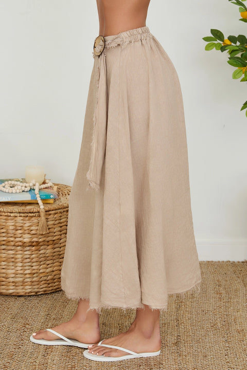 Fringe Ring Tie Detail Front Linen Skirt