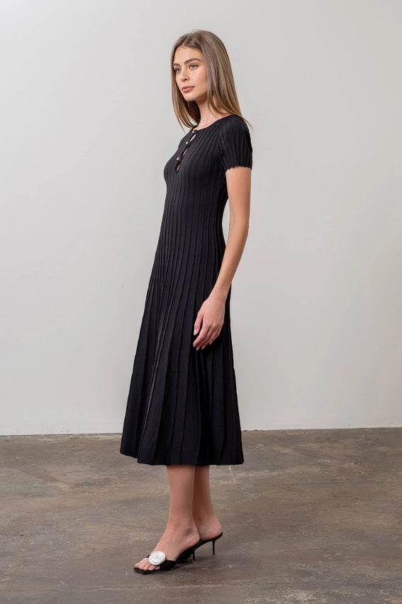 Front Bow Detail Short Sleeve Knit Midi Dress-Dress-Moon River-XS-BLACK-Urbanheer